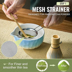 Matcha Whisk Set 7 Pcs Matcha Sets Blue, matcha Kit with Bowl, Whisk and Holder, Bamboo Scoop, Scoop Rest, Sifter & Tea Towel, Tea Gifts for Matche Lovers Making Breakfast Latte