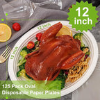 100% Compostable Oval Paper Plates 12 Inch, 125-Pack Large Heavy Duty Paper Plates Bulk,Biodegradable Bagasse,Eco-Friendly Disposable Dinner Plate for BBQ,Picnic,Party (BPI Certified,Microwaveable)