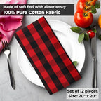 Urban Villa Cotton Dinner Napkins Set of 12, 20x20 Inche Soft Premium Cotton Napkins, Hotel Quality Highly Absorbent, Reusable & Washable Mitered Corner Table DinnerNapkins - (Red/Black, Checks)