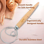 Danish Dough Whisk - Bread Making Tools - Danish Dough Hook - Bread Dough Mixer Hand - Bread Dough Whisk for Pastry - Large Stainless Steel Swedish Whisk with Wooden Handle