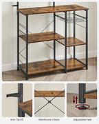 VASAGLE Baker's Rack, Microwave Stand, Kitchen Storage Rack with Wire Basket, 6 Hooks, and Shelves, for Spices, Pots, and Pans, Rustic Brown and Ink Black UKKS35X
