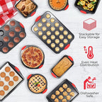 PERLLI Non-Stick 10-Piece Baking Pan Set, BPA-Free Carbon Steel Bakeware Set with Silicone Handles, Stackable Kitchen Oven Set, Cookie Sheet, Baking Tray, Baking Sheet Set, Oven Safe (446°F)