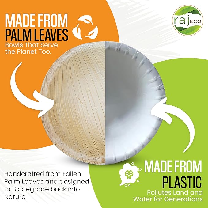 Raj Palm Leaf Bulk Bowls [200-Pack] 4" Round Bowls (16 CASES - 3200 PACK) like Bamboo bowls Disposable, Strong, Decorative Compostable Tableware for weddings, Camping, Outdoor