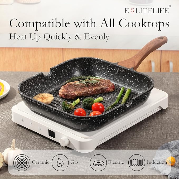 ESLITE LIFE 11 Inch Nonstick Grill Pan for Indoor Cooking, Versatile Induction Square Large Grilling Skillet Steak Pan for Stove Tops, PTFE & PFOA Free, Black