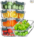 VERONES 5 Pack 36 OZ Glass Meal Prep Containers, Airtight Glass Lunch Containers Set, Glass Food Storage Containers with Lids,Exclusive of BPA, for Microwave, Oven, Freezer & Dishwasher Friendly,Grey