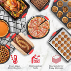 PERLLI Non-Stick 8-Piece Baking Pan Set, BPA-Free Carbon Steel Bakeware Set with Silicone Handles, Stackable Kitchen Oven Set, Cookie Sheet, Baking Tray, Baking Sheet Set, Oven Safe (446°F)