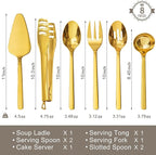 KINGSTONE Large Hostess Gold Serving Utensils Sets,18/10 Stainless Steel Heavy Duty 10inch Serving Spoons,Slotted Spoons,Serving Fork,Serving Tongs, Cake Pie Server For Buffet, Wedding, Party