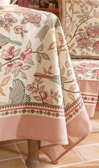 patdrea Designer Pink Linen Table Cloth for Rectangle Table,Vintage Floral with Birds Pattern Decorative Tablcloth,French Table Cover for Kitchen Dining,Thanksgiving,Christmas,67"x118"-Kulom a