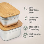Stainless Steel Food Containers with Bamboo Cutting Board Lids | Set of 3 Reusable Meal Prep Boxes | Airtight Leak-Resistant | Dishwasher Safe | BPA-Free | 2, 4, 6 Cup Sizes