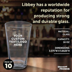 Custom Libbey Pint Glass 16 oz. Set of 10, Personalized Bulk Pack - Beer Glasses, Heavy Duty Drinkware - Clear