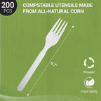 100% Compostable Froks - 200Pcs Heavy Duty Biodegradable Forks Disposable Utensils, BPA-Free, Heat Resistant, BPI Certified Disposable Forks, Eco Friendly Cutlery for Party, Office & Picnic