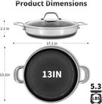 Hybrid Nonstick Skillet with Lid 13 Inch, Stainless Steel Paella Pan with Two Handles Multi-Functional Pan Dishwasher and Oven Safe