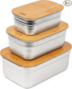 Stainless Steel Food Containers with Bamboo Cutting Board Lids | Set of 3 Reusable Meal Prep Boxes | Airtight Leak-Resistant | Dishwasher Safe | BPA-Free | 2, 4, 6 Cup Sizes