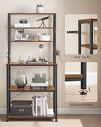VASAGLE Coffee Bar, 31.5 Inches Baker's Rack for Kitchen with Storage, 6-Tier Kitchen Shelves with 6 Hooks, Microwave Stand, Industrial, Rustic Brown and Black UKKS019B01