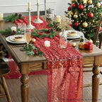 Artoid Mode 3PCS Red Gold Gauze Table Runner 120 Inch 10FT, Glitter Metallic Foil Sheer Dining Wedding Anniversary Holiday Table Decor for Home Party