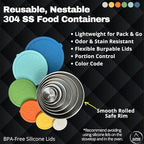 12 Pcs - 6 Stainless Steel Containers + 6 Silicone Lids | 304 Stainless Steel Snack Container | Nesting Snack and Dip Containers | Metal Food Storage