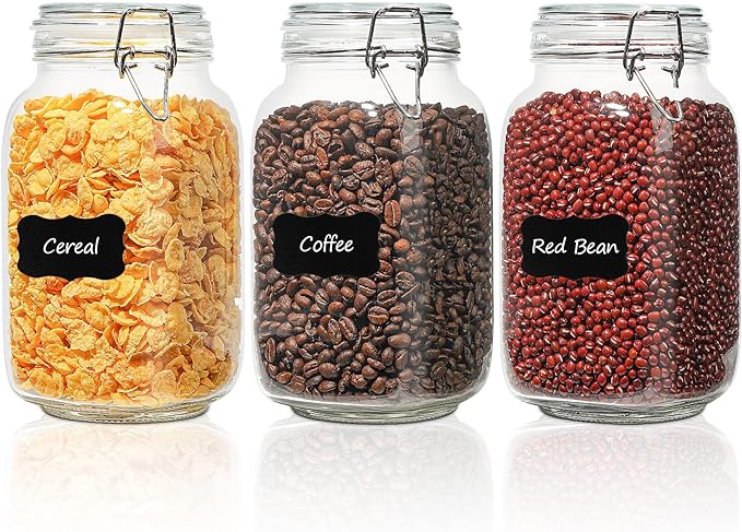 ComSaf Airtight Glass Canister Set of 3 with Lids 50oz Clear Food Storage Jars Square, Kitchen & Pantry Organization Food Storage Container for Canning, Sugar, Flour, Pasta, Candy, Cereal, Coffee