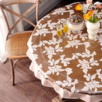 Vinyl Table Cloth Round Clear Table Cover Protector with Block Printed Pattern Oil Spill Proof Farmhouse Rustic Plastic Table Covers for Dining Tables (Scroll Grass, 55 Inches Round)