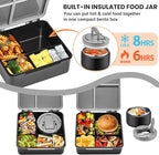 Bento Lunch Box for Kids with 8oz Soup Thermo,Kids Leakproof Lunch Food Containers with 4 Compartment,Kid Insulated Thermo Hot Food Jar for School,Trvael-Black