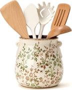 Utensil Holder for Kitchen Counter, Modern Farmhouse Rustic Cooking Utensil Holder and Crock, Exquisite Chinoiserie Floral Ceramic Utensil Organizer for Home Kitchen Decor- Green and Beige