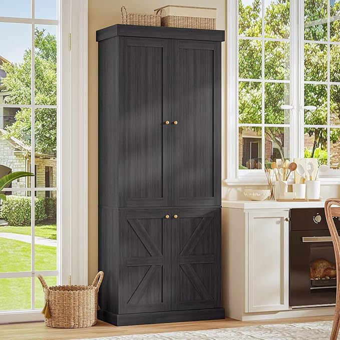 70.8" Tall Bookshelf with Doors, Farmhouse Modular Bookcase with 4-Tier Adjustable Shelves, Large Storage Cabinet for Home Office, Living Room, Black, Set of 4