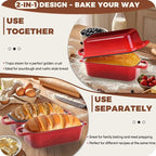 Cast Iron Bread Loaf Pan with Lid, 2 In 1 Loaf Pans for Baking Bread 9x5, Enameled Bread Pans for Homemade Bread, Sourdough, Even Heating Bread Dutch Oven, Red