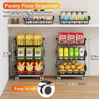 Miyawell 3-Tier Rolling Pantry Cart with Wheels, Stackable Wire Storage Floor Organizer for Kitchen Pantry Snack Shelves, Fruit Basket Stand, Vegetable Storage Rack for Food Snacks Onion Potato