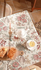 patdrea Designer Pink Linen Table Cloth for Rectangle Table,Vintage Floral with Birds Pattern Decorative Tablcloth,French Table Cover for Kitchen Dining,Thanksgiving,Christmas,67"x118"-Kulom a