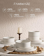 Famiware Nebula Plates and Bowls Sets, 12 Pieces Stoneware Dinnerware Sets, Reactive Glaze Dish Set, Dishes Set for 4, Matte Beige White