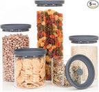 Glass Airtight Food Storage Containers with Silicone and Glass Lids – BPA-Free Jars and Canisters for Pasta Rice Flour, Dry or Wet Foods, Pantry Meal Prep – Set of 5 with Portion Tool