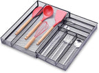 WuGeShop Expandable Mesh Silverware Drawer Organizer, Adjustable Metal Kitchen Cutlery Tray, Flatware Utensil Organizer with Non-slip Rubber Feet (Black, 7 Compartments)