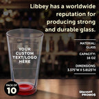 Custom Libbey Pint Glass 16 oz. Set of 10, Personalized Bulk Pack - Beer Glasses, Heavy Duty Drinkware - Red
