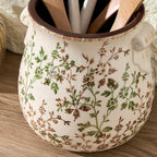 Utensil Holder for Kitchen Counter, Modern Farmhouse Rustic Cooking Utensil Holder and Crock, Exquisite Chinoiserie Floral Ceramic Utensil Organizer for Home Kitchen Decor- Green and Beige