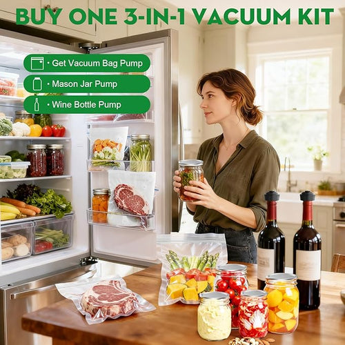 3-in-1 Vacuum Sealer for Food Compatible with Vacuum Bag, Mason Jar, Wine Bottle, Handheld Saver Compact Vacuum Sealer Machine with 14 Reusable Bags, 14 Mason Jar Lids, Wine Stopper