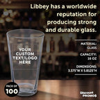 Custom Libbey Pint Glass 16 oz. Set of 100, Personalized Bulk Pack - Beer Glasses, Heavy Duty Drinkware - Clear