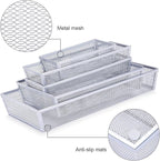 WuGeShop Mesh Silverware Tray Drawer Organizer, Kitchen Utensils Flatware with Anti-slip Mats, Silverware Storage Cutlery Tray for Knives Fork Spoon (5 Separate Compartments, Silver)