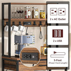 Tribesigns Kitchen Bakers Rack with Power Outlets, 5-Tier Microwave Oven Stand with Drawer and Sliding Shelves, Freestanding Coffee Bar, Kitchen Storage Shelf with 6 Hooks, Rustic Brown