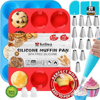 12 Cup Silicone Muffin Pan，Regular Size Cupcake Pan Great for Making Muffin Cakes, Bread, Tart - Piping Bags and Tips Set，Silicone Baking Cups-2 Pack