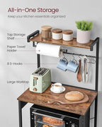 VASAGLE Kitchen Bakers Rack with Power Outlet, Coffee Bar 4-Tier with 8 S Hooks, Microwave Stand, Adjustable Shelf, for Small Spaces, Rustic Brown and Ink Black UKKS014K01V1