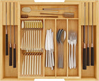 HOOBRO Silverware Organizer Kitchen Drawer Organizer, Expandable Utensil Drawer Organizer, with 2 Knife Block, Bamboo Cutlery Tray with Divider for Flatware and Kitchen Utensils, Natural YL06TL01