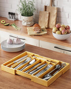 Kitsure Large Bamboo Silverware Organizer - Expandable Drawer Organizer for Utensil, Cutlery and Flatware, Kitchen Storage Solution with 6 to 8 Slots, Natural, 19.4" × 13.1" × 1.8"