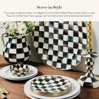 MACKENZIE-CHILDS Enamel Salad and Dessert Plate, Small Plate for a Dessert or Appetizer Dish, 8 Inches, Set of 4, Black-and-White Courtly Check