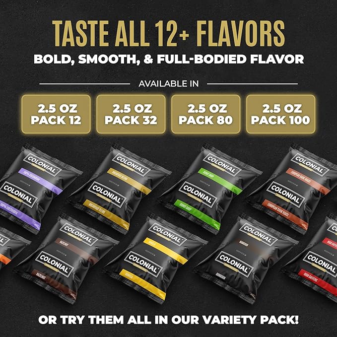 Colonial Coffee 32 Count Single Pot Coffee Packets – 100% Arabica Donut Shop Blend Medium Roast | Pre-Measured Frac Packs for 12 Cup Maker | Bulk Ground Gourmet Coffee for Home & Office
