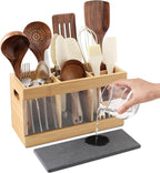 Kitchen Utensil Holder 6-Compartment Countertop Cooking Spoon Holder with Absorbing Drying Stone & Acrylic Panel Bamboo Kitchen Utensil Organizer