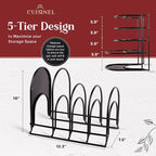Cuisinel Pots and Pans Organizer Rack - Heavy Duty 60-LBS Capacity - 6mm Thick - Made in India - Matte-Black 12.2"-Tall 5-Tier Space-Saving Kitchen Storage for Cast Iron Cookware, Skillet, Dish, Plate