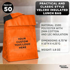DISCOUNT PROMOS 50 Hook and Loop Insulated Lunch Bags Set - Customizable Text, Logo - Polyester, Durable, Vibrant, Reusable - Orange
