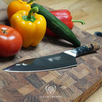 DALSTRONG Chef Knife - 8 inch - Valhalla Series - Ravenstone Black Blade Titanium Coated - Premium 9CR18MOV HC Steel - Resin & Wood Handle - Razor Sharp - Kitchen Cooking Chef's Knife - Leather Sheath