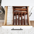 KitchenEdge Silverware Organizer - Cutlery, Flatware, and Utensil Holder for Kitchen Drawers, Fixed 10.5” Width, 7 Storage Compartments, Non-Slip Feet, Rounded Corners, Acacia Wood