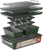 Bakken 8-Piece Ceramic Coated Bakeware Sets, Nonstick Aluminized Steel Pans with Muffin, Loaf, Cake, Roasting Pan, & Cooling Rack, Oven Safe Up To 500°F, Dishwasher Safe, BPA, PTFE & PFAS Free, Green