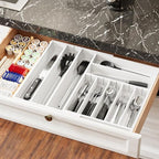 SpaceAid 2.5" High Bamboo Silverware Drawer Organizer with Labels, Kitchen Utensil Expandable Tray Holder for Flatware, Cutlery, Spoon and Knives Drawer Storage Organization (White)
